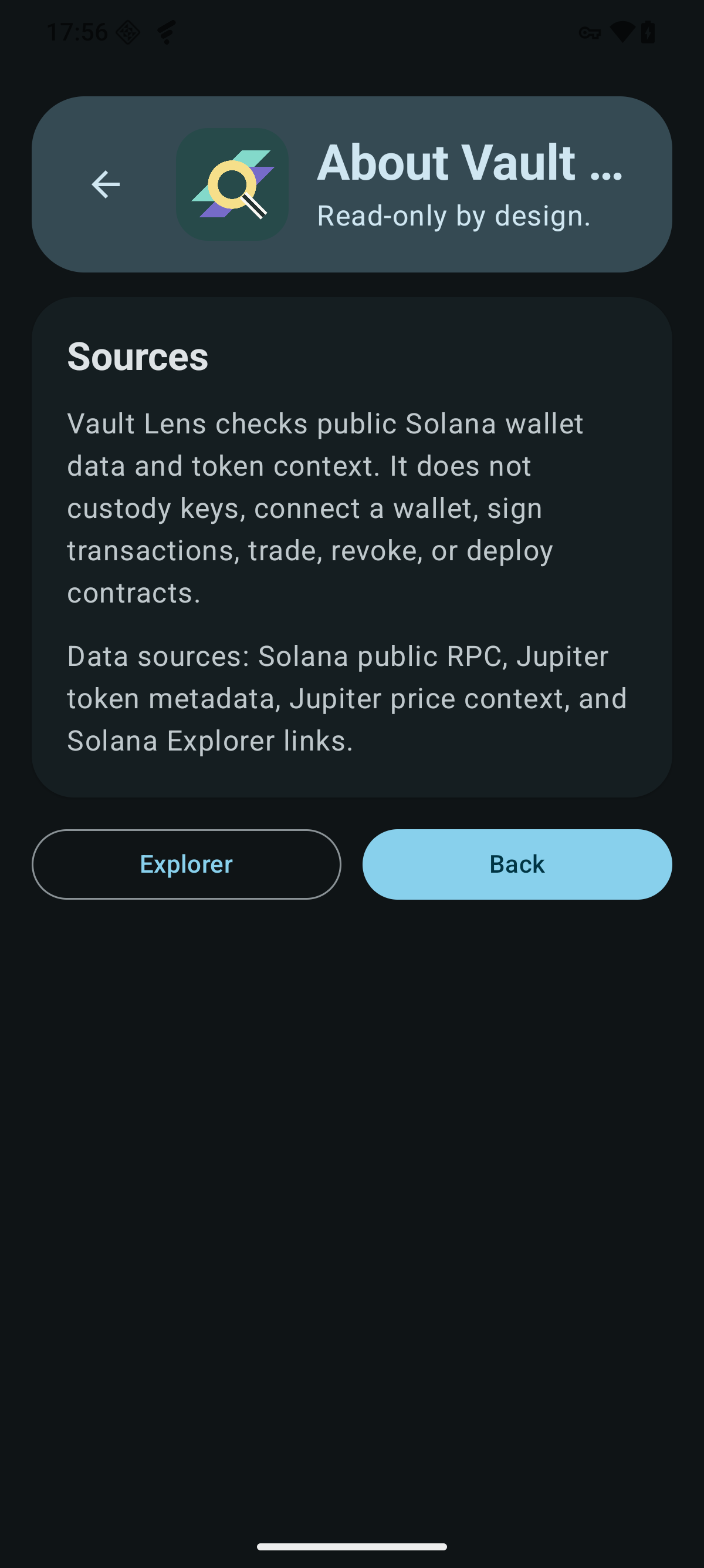 About and sources screen explaining read-only behavior and data limitations.