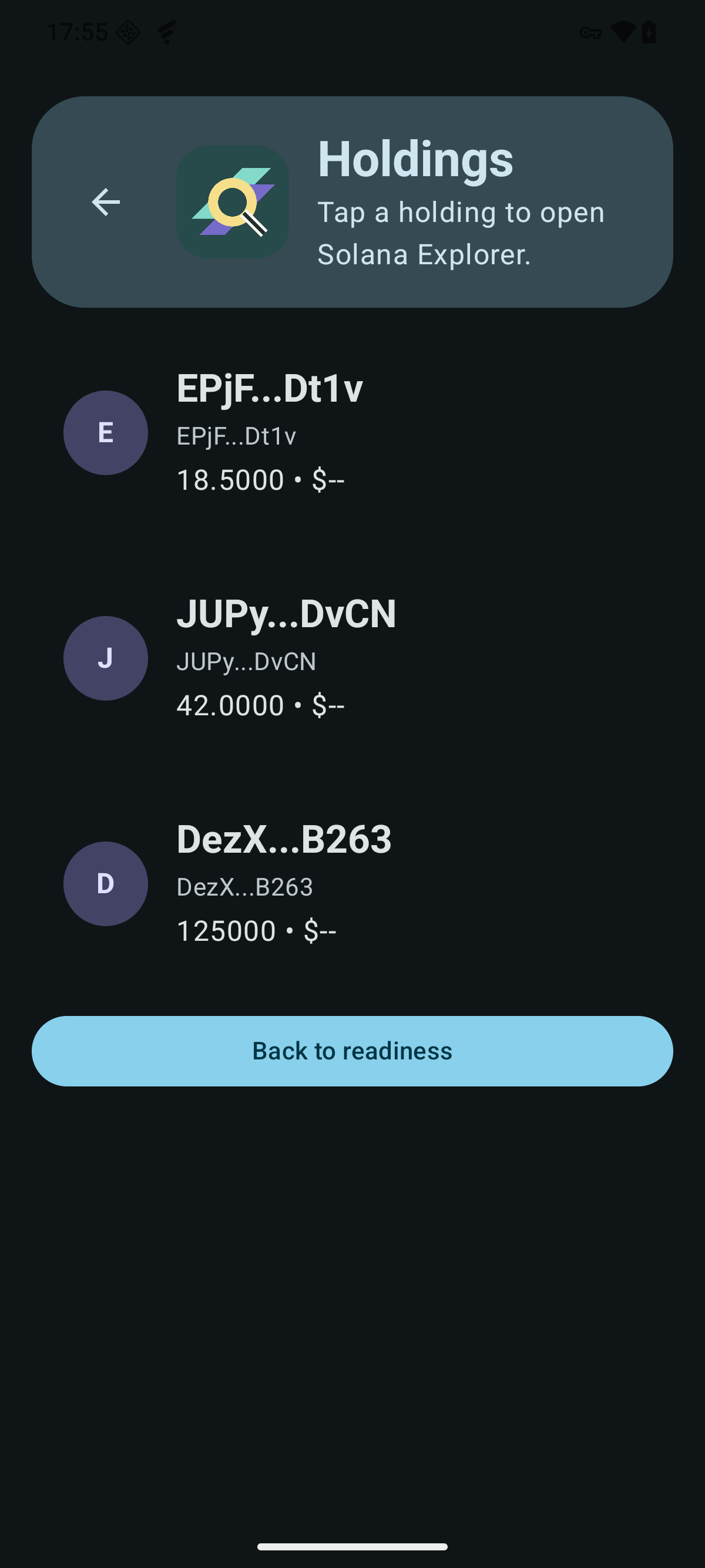 Holdings screen with token list and priced or unpriced markers.