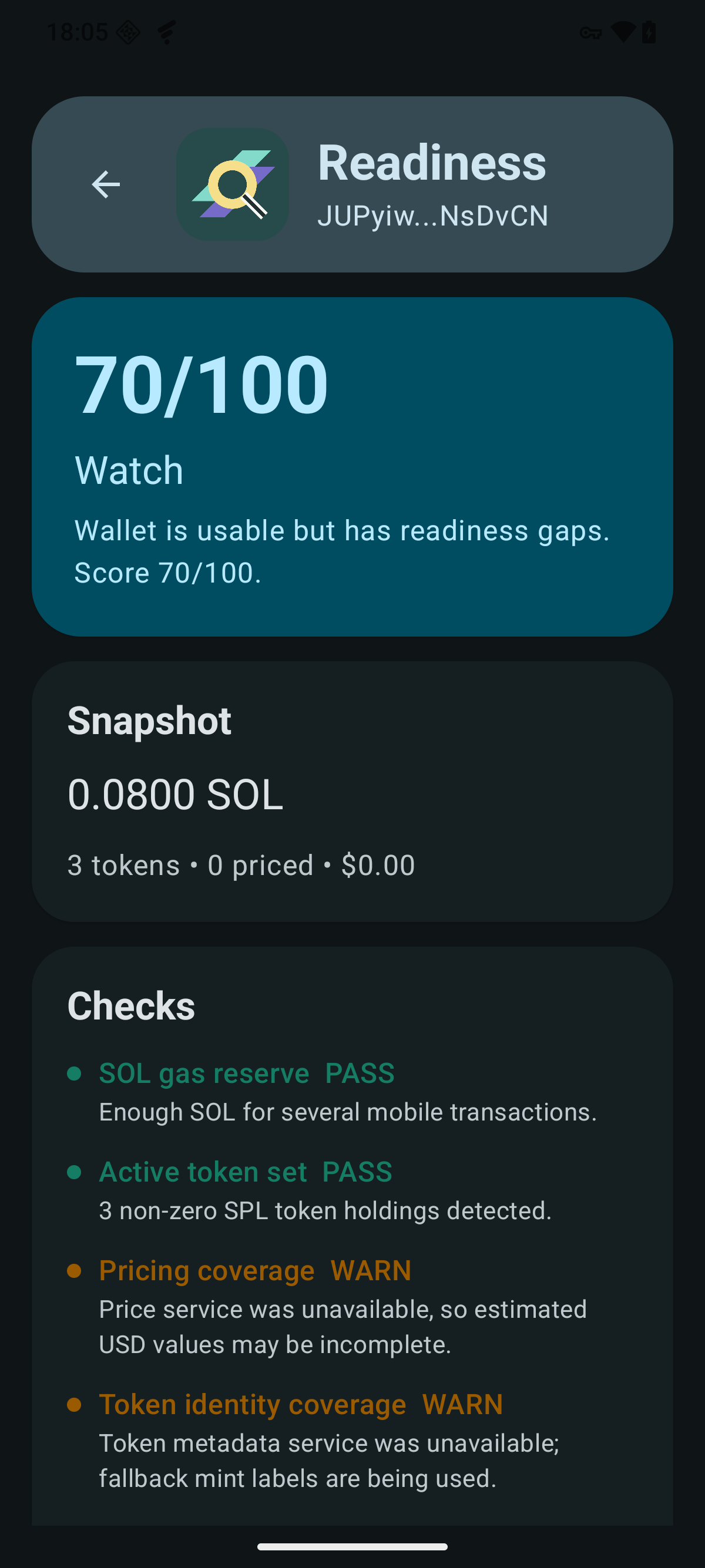 Vault Lens readiness result screen showing wallet score, balance context, checks, and next actions.