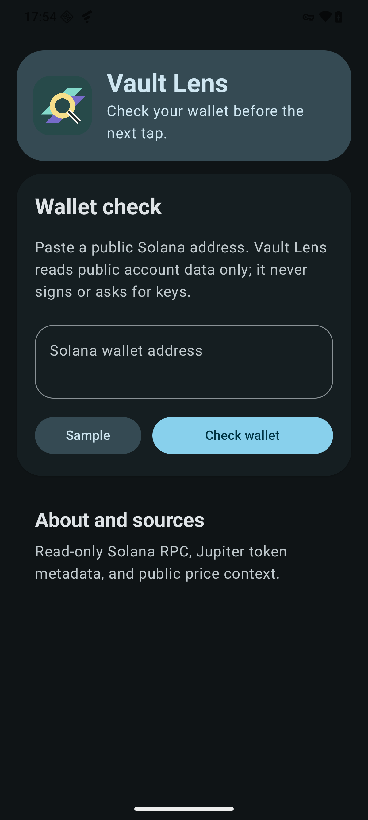 Vault Lens wallet check screen with public Solana address input.